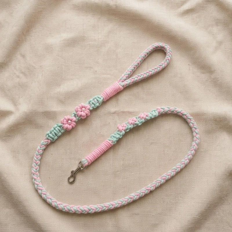 Handmade Macrame Dog Leash with Flower Accents | Boho Braided Cotton Rope Pet Lead