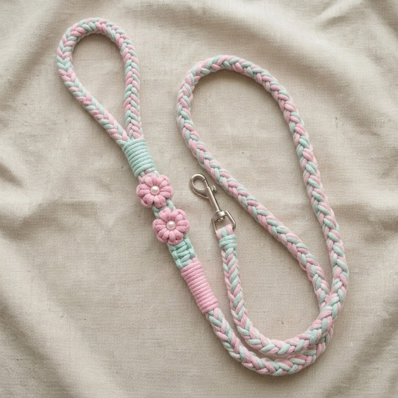 Handmade Macrame Dog Leash with Flower Accents | Boho Braided Cotton Rope Pet Lead