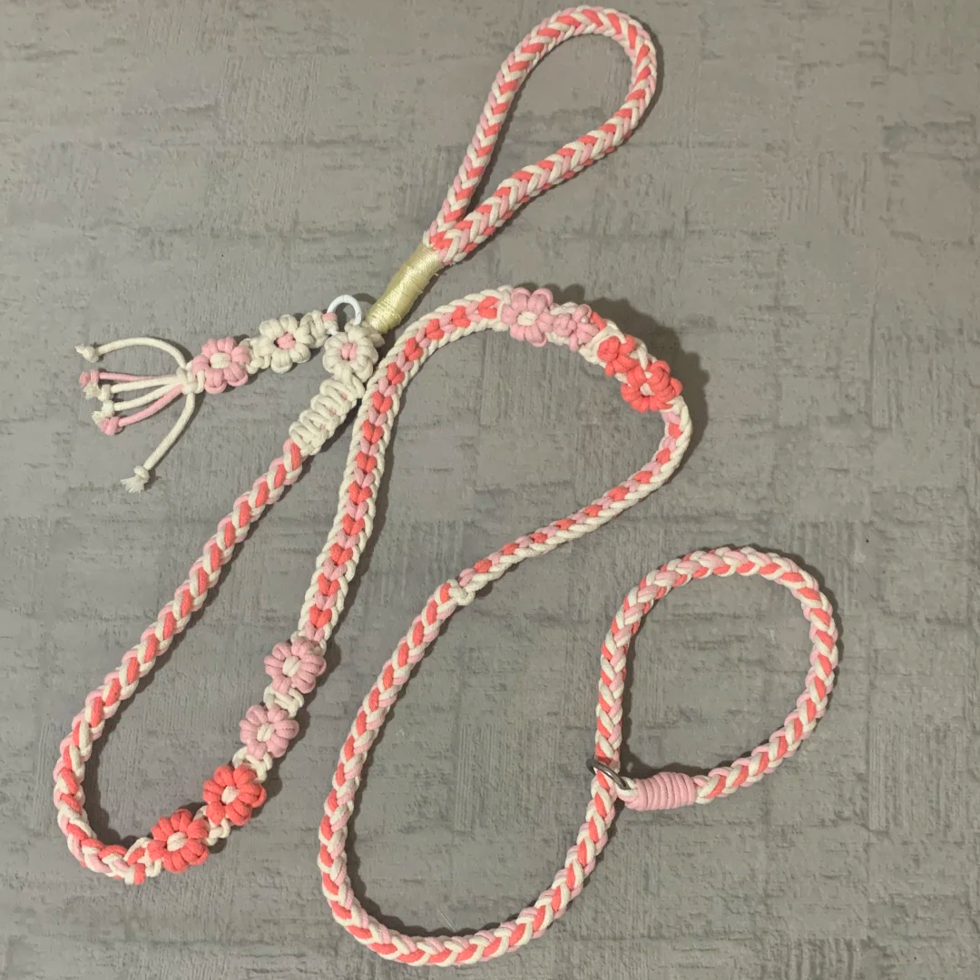 Dog Gift Macrame Handmade Collar and Leash Set (Pink)