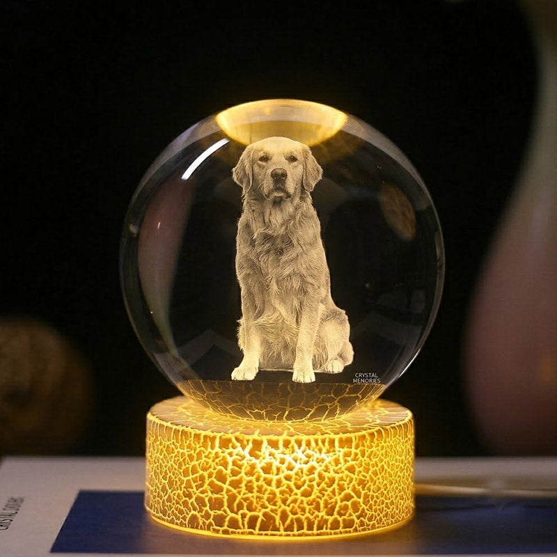 Custom 3D Crystal Photo Engraving with LED Light Base – Personalized Pet Memorial Keepsake