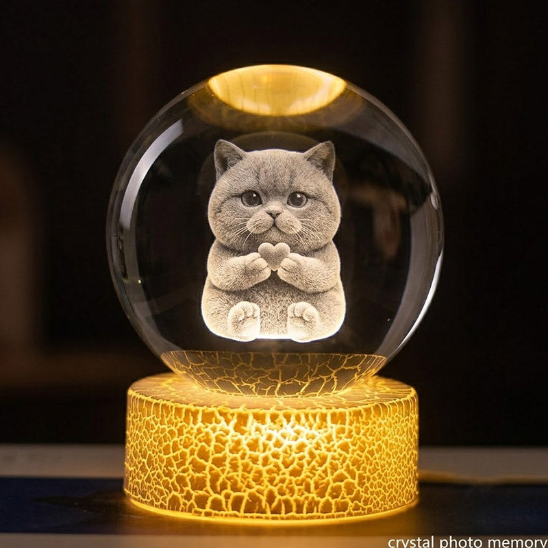 Custom 3D Crystal Photo Engraving with LED Light Base – Personalized Pet Memorial Keepsake