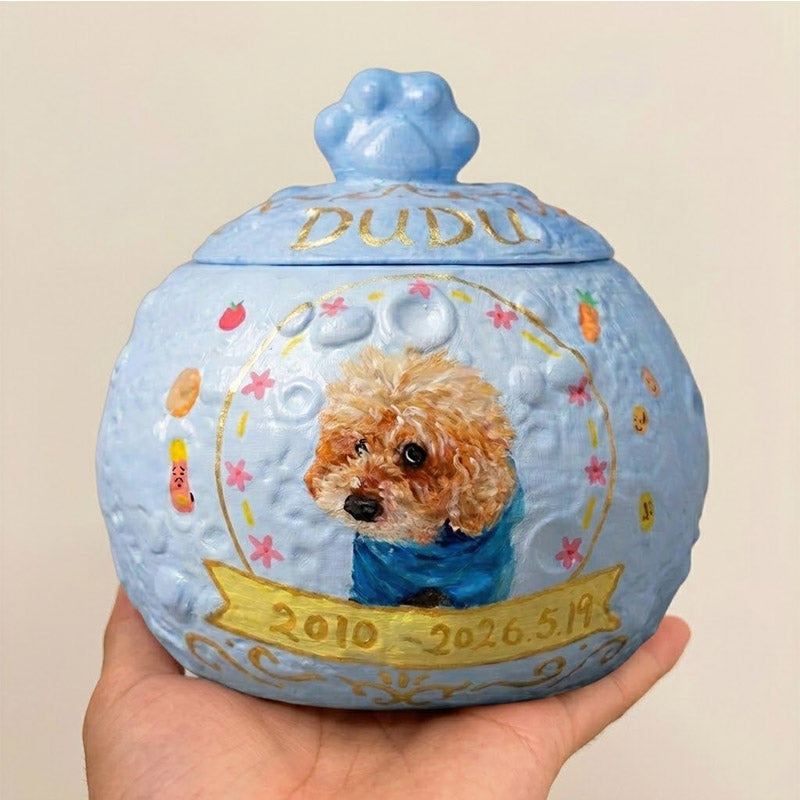 Custom Hand-Painted Ceramic Pet Urn with Personalized Portrait & Name