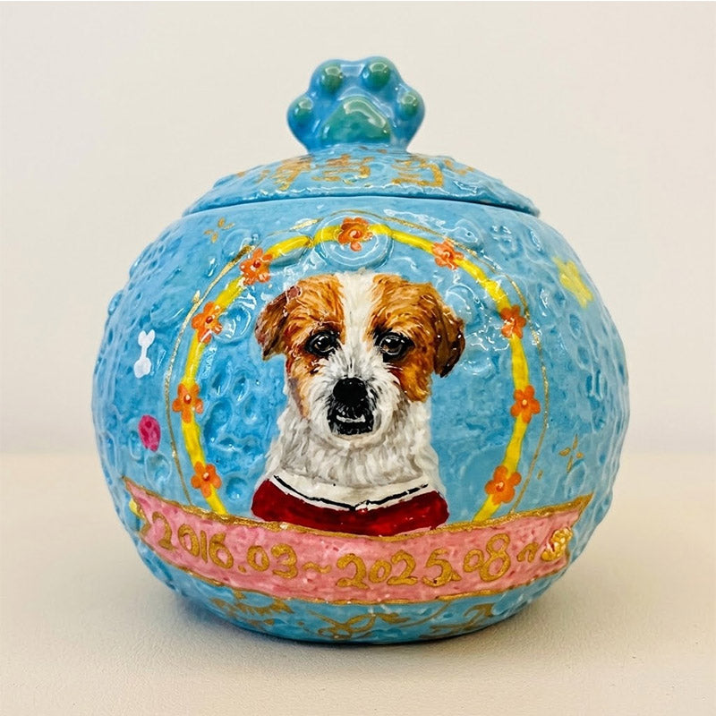 Custom Hand-Painted Ceramic Pet Urn with Personalized Portrait & Name