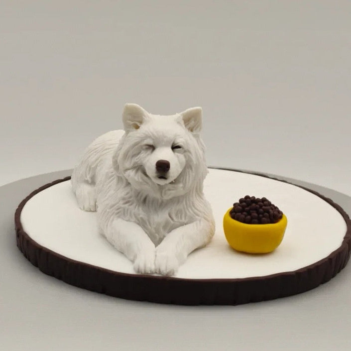 Dog figurine lying on a round cushion with a bowl of dog food on a plain background