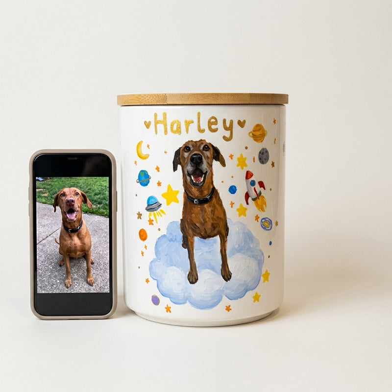 Custom Hand-Painted Pet Portrait Memorial Urn – Personalized Cremation Jar
